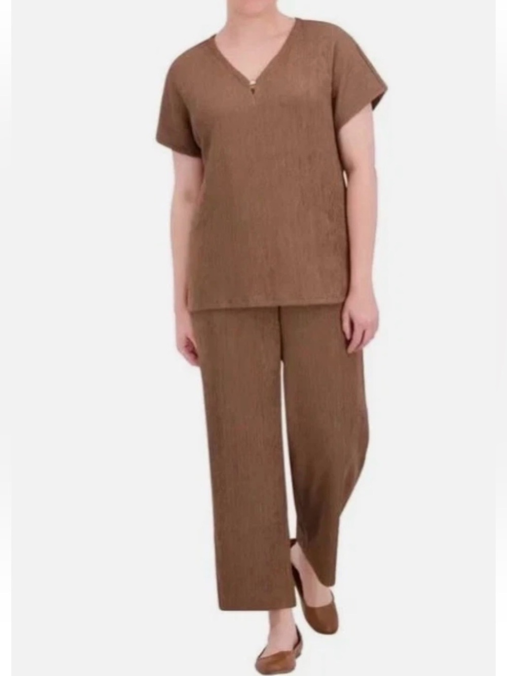 Jones New York 2 piece signature top and pants set brown size small wide leg